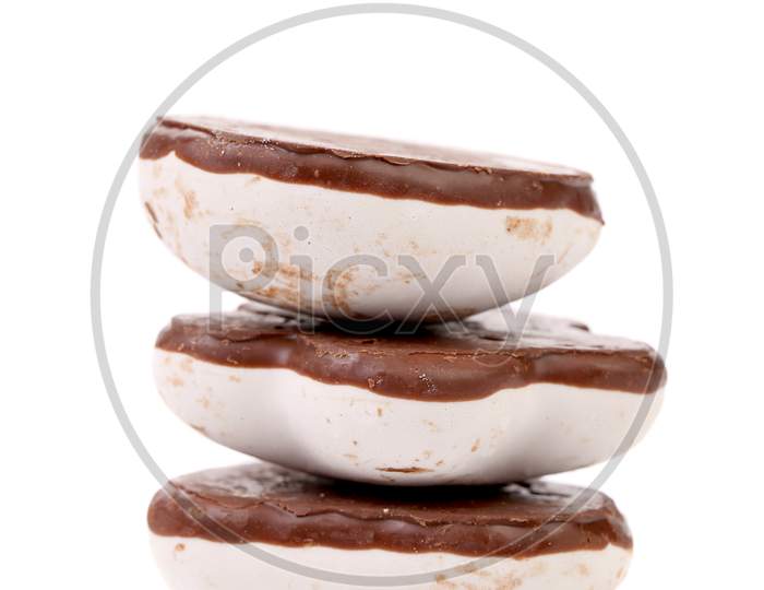 Stack Of Heart Shape Chocolate Meringues. Isolated On A White Background.