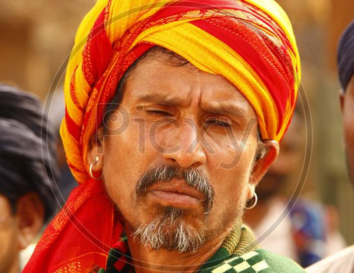 Rajasthani Local Man Wearing Turban In Rural Villages
