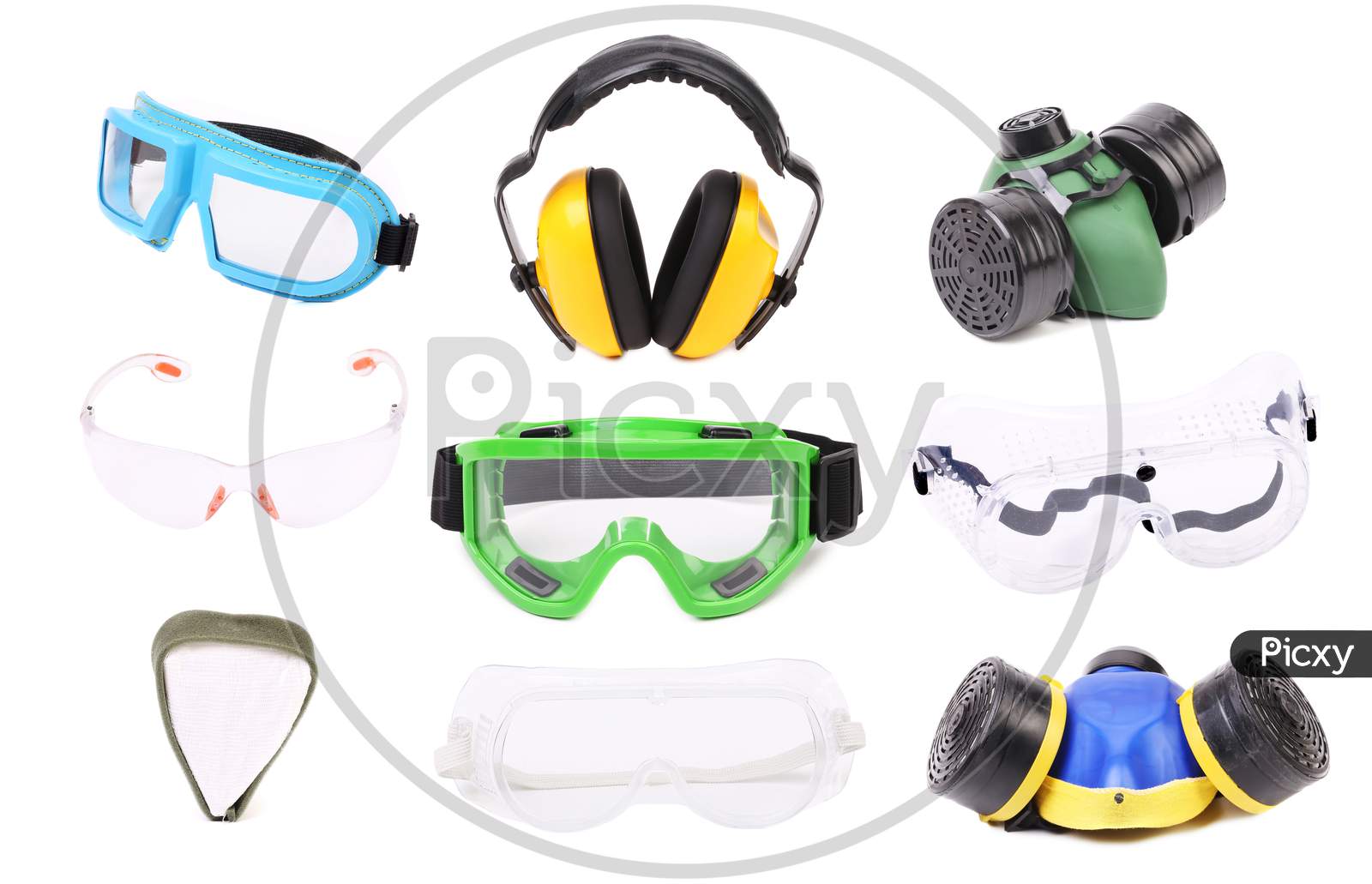 Collage Of Gas Mask Earmuffs And Glasses. Isolated On A White Background.