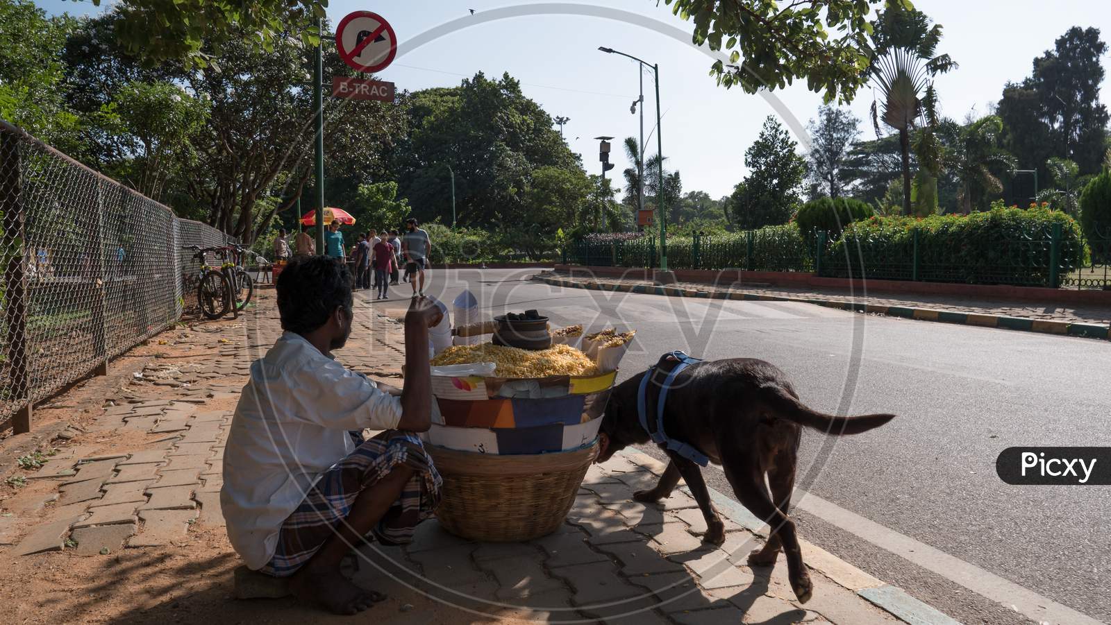 Bengaluru, Karnataka / India - November 27 2019: A dog and a street side vendor sitting on the platform inside Cubbon park selling puffed rice which is a famous snack