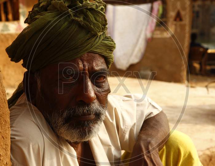 Rajasthani Local Man Wearing Turban In Village