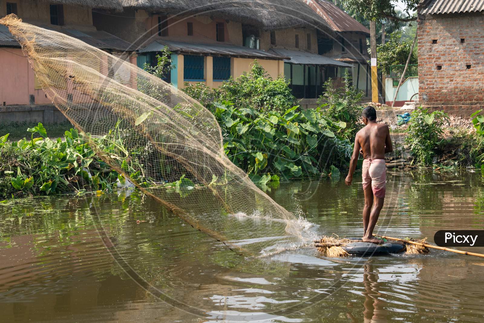A village fisherman is throwing a net for fishing in a pond