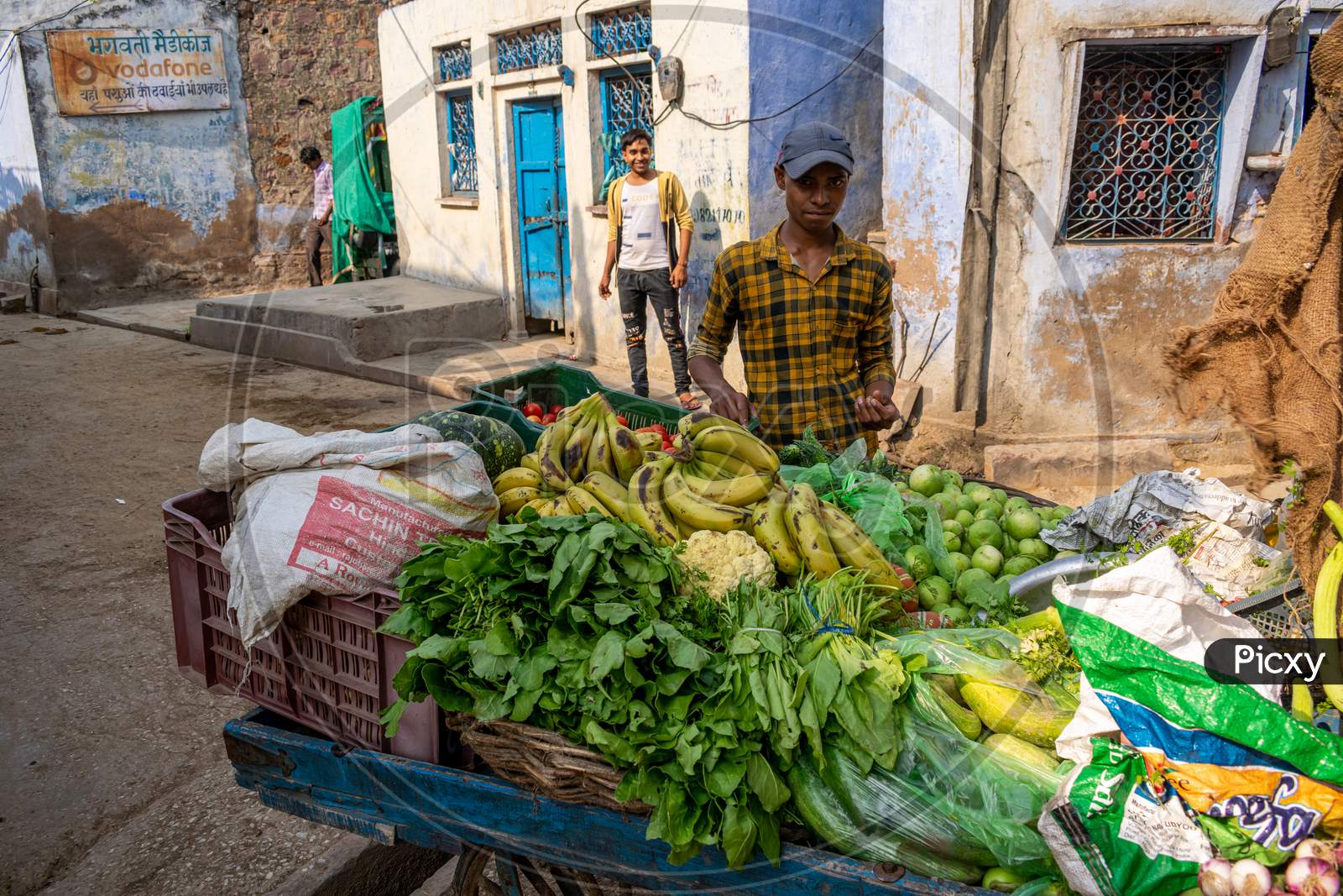 A seller selling Fruits and vegetables on a thela