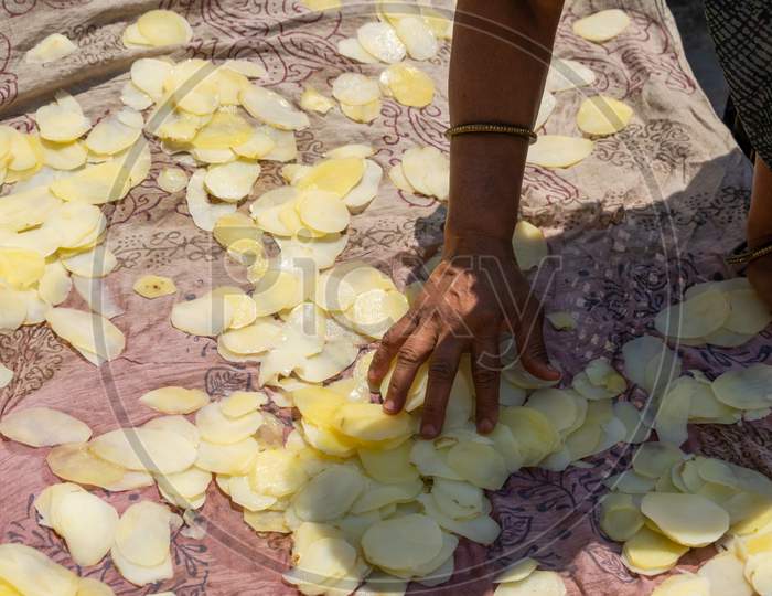 Raw potato slices are being dried during sunny day to prepare potato chips
