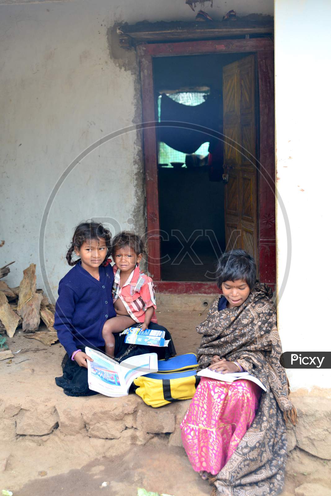 Tribal Village Children Studying At a Village House Backdrop