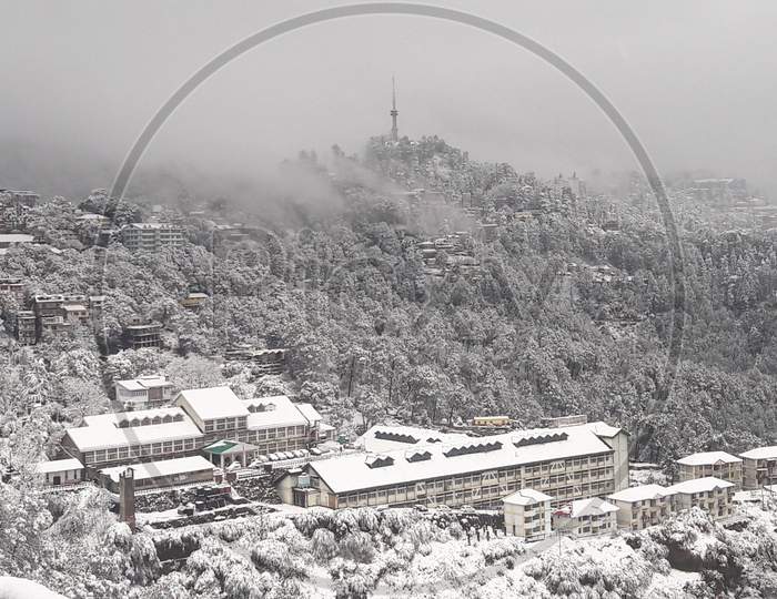 Aerial View Of Houses in Himachal Pradesh Filled With Snow in Winter