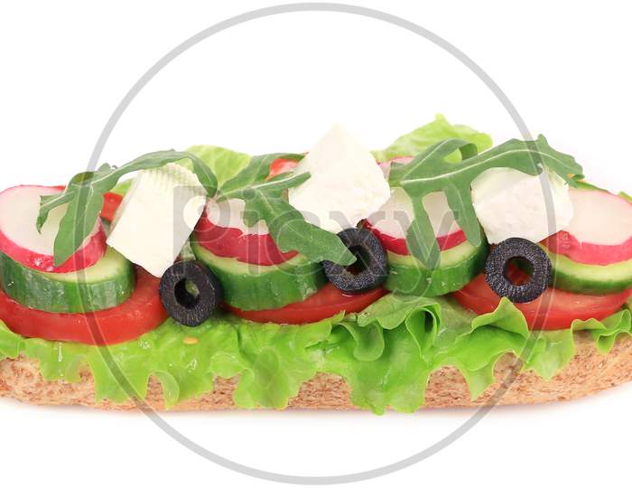 Sandwich With Tomato Olives And Cheese. Isolated On A White Background.