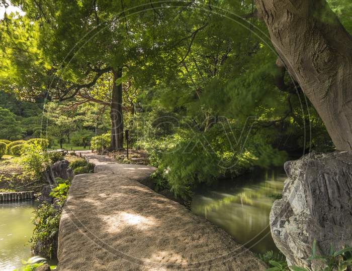 Large Stone Bridge Named Togetsu Bridge On A Pond Under A Big Mapple Tree In The Garden Of Rikugien In Tokyo In Japan.