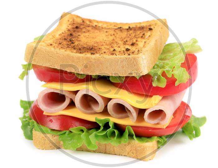 Sandwich Toast With Tomato And Cheese. Isolated On A White Background.