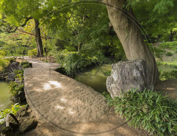 Large Stone Bridge Named Togetsu Bridge On A Pond Under A Big Mapple Tree In The Garden Of Rikugien In Tokyo In Japan.