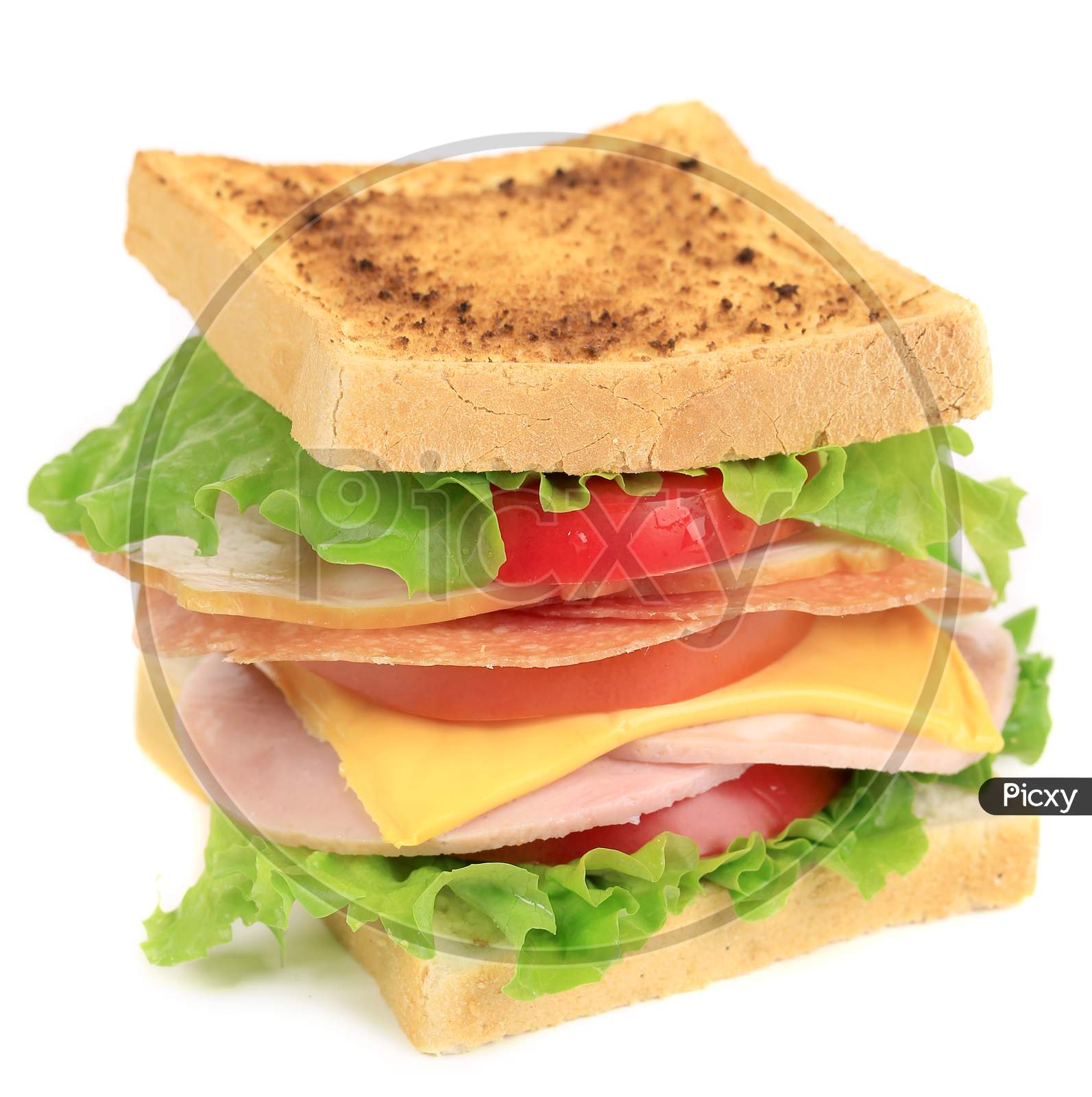 Sandwich With Tomato And Cheese. Isolated On A White Background.