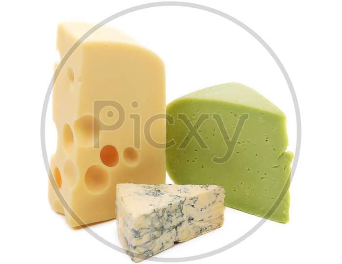 Various Types Of Cheese Composition. Isolated On A White Background.