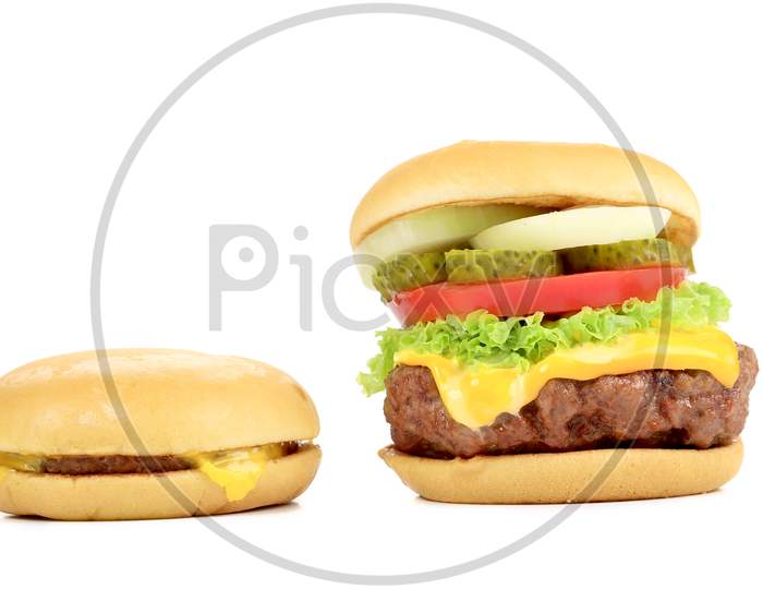 Tasty Hamburger And Cheeseburger. Isolated On A White Background.