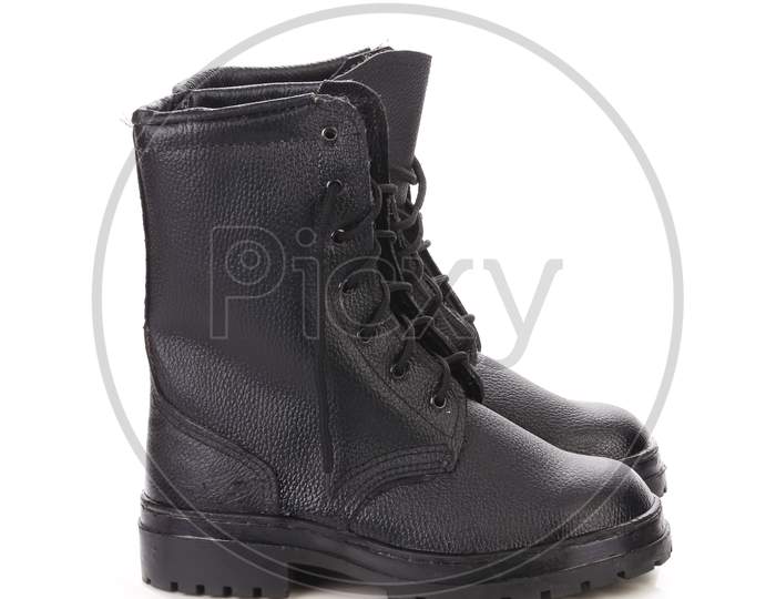 Pair Of Working Boots. Isolated On White Background.