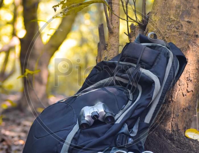 Hiking boots and bag in the forest