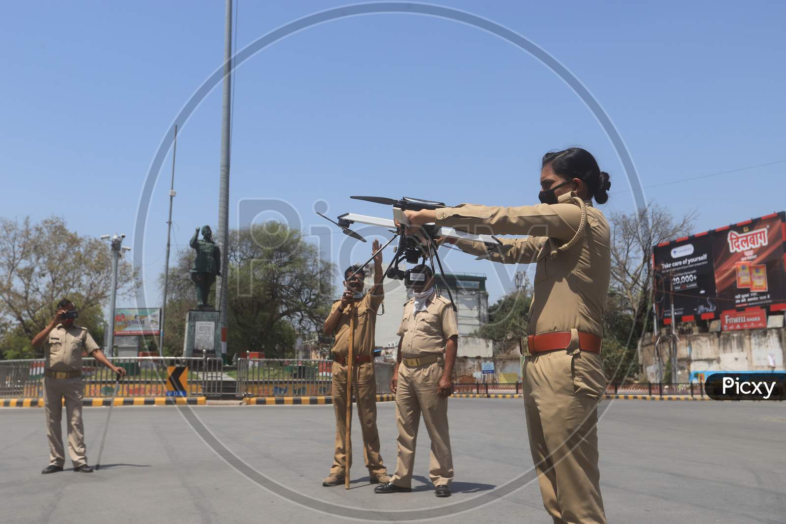 Indian Police Using Technology Of Drones And Communicators For Aerial Survey Of People On Roads During 21-Day Lock Down Period Due To Corona Virus Or COVID-19  Outbreak in Prayagraj