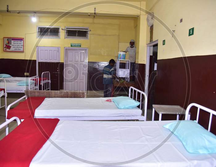 Workers Work On A Construction Of A Isolation Ward  At Civil Hospital  During A Government-Imposed Nationwide Lockdown As A Preventive Measure Against The Covid-19 Coronavirus In Nagaon District Of Assam On March 30,2020