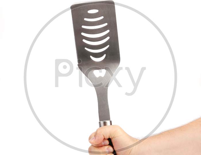 Hand Hold Of Bbq Cutlery. Isolated On A White Background.