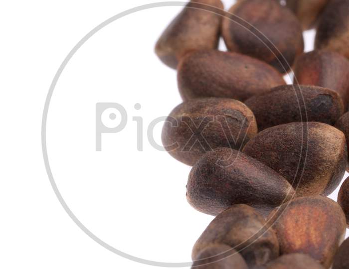 Close Up Of Pine Nuts. Whole Background. Place For Text.