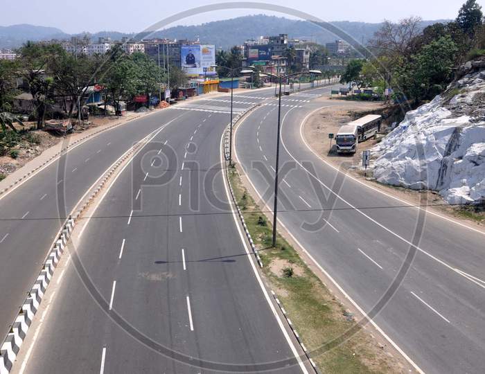 A Deserted View Of A 37 National Highway During Lockdown In Wake Of Corona Virus Pandemic In Guwahati On Wednesday, 25 March 2020
