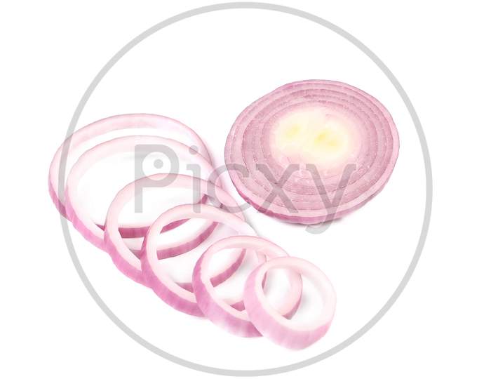 Red Onion Bulbs And Rings. Isolated On A White Background.