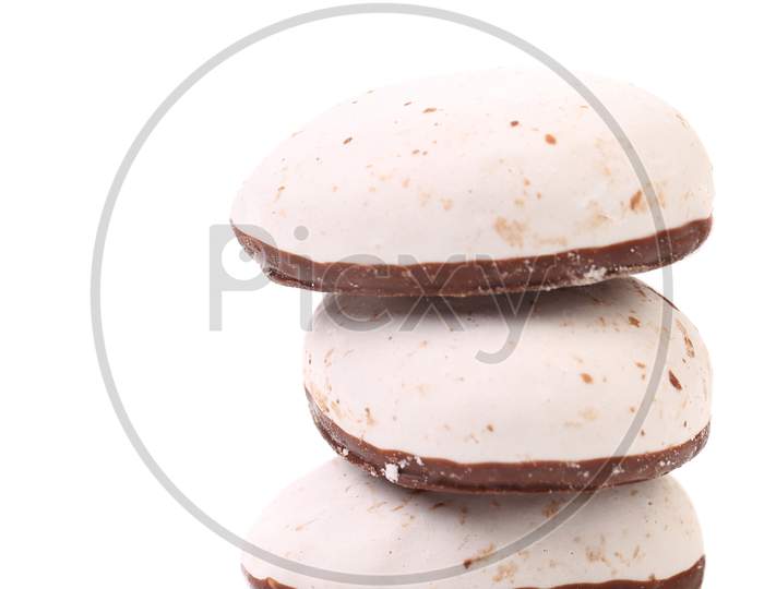 Stack Of White Kisses Cookies With Chocolate. Isolated On A White Background.