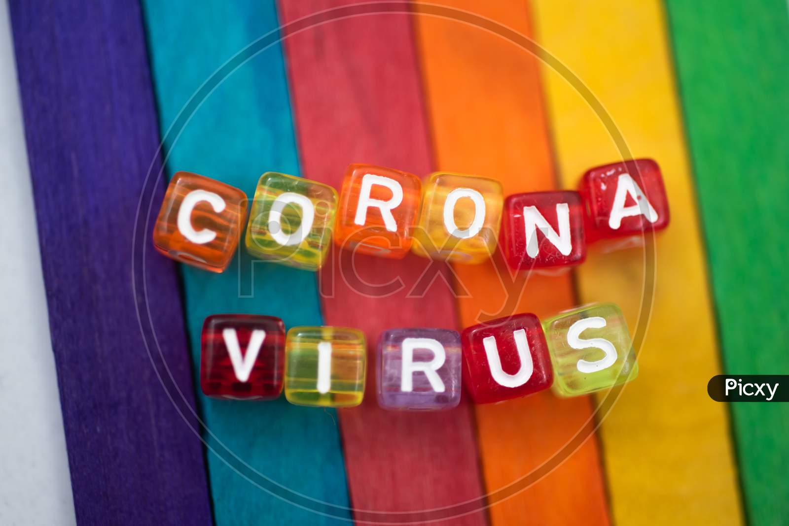 Colorful Word Corona Virus English Alphabet Cube On Colourfull Background, Selective Focus