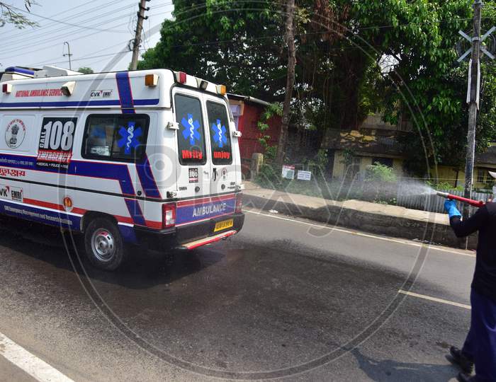 Firefighter Sprays Disinfectants As A Preventive Measure Against The Spread Of The New Coronavirus On A  Ambulence   In Nagaon District Of Assam ,India