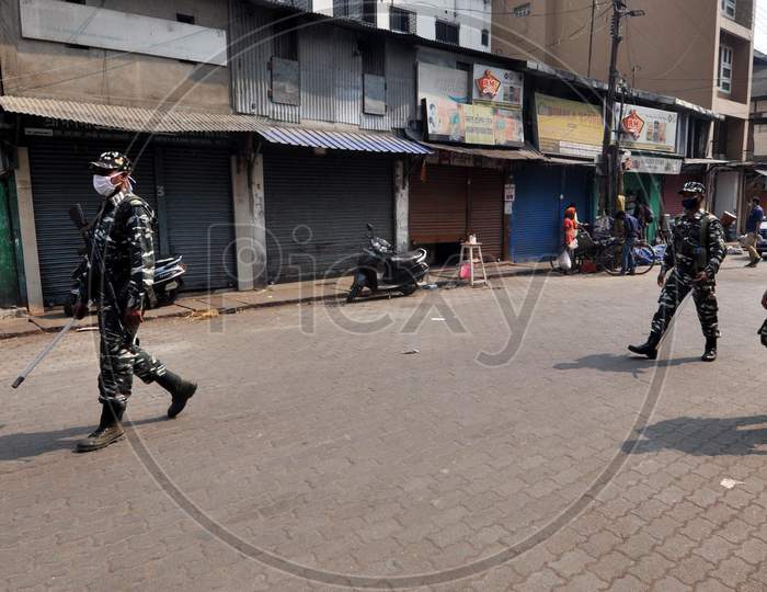 Crpf Personal Patrolling On A Road During A Government-Imposed Nationwide Lockdown As A Preventive Measure Against The Covid-19 Coronavirus In Guwahati On March 31,2020.