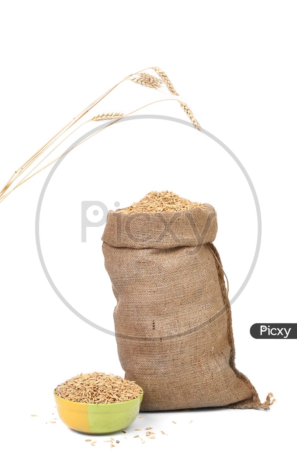 Sack With Grains And Ear Wheat. Isolated On A White Background.