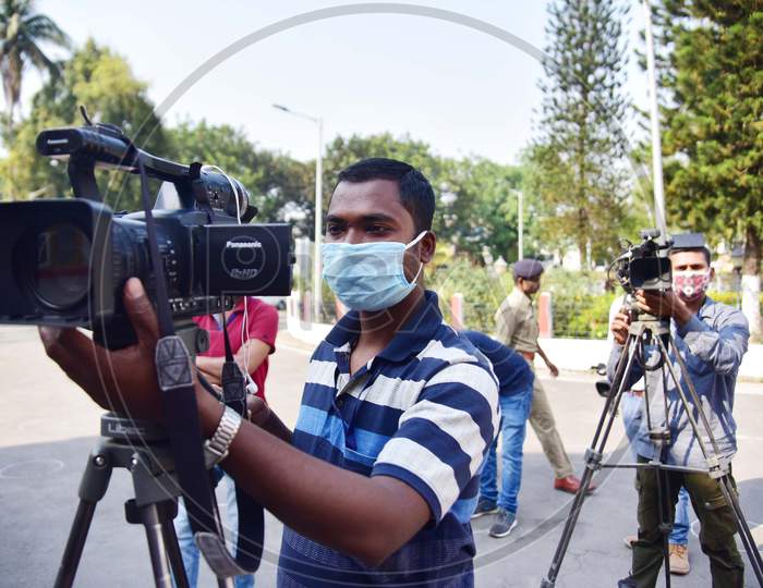 A Media Person Wearing Mask  As He Maintaining Social Distance During A  Assam Chiefminister Sarbananda Sonowal'S Pressmeet On  The Nationwide Lockdown Amid Coronavirus Outbreak Nagaon District Of Assam On April 06,2020.