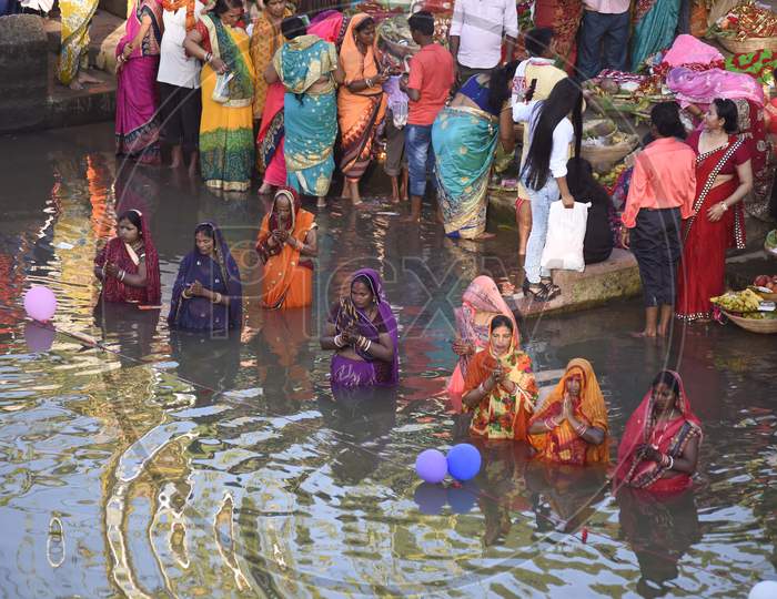 Hindu devotees offer prayers during the religious festival of Chhath Puja Nagaon district, northeastern state of Assam
