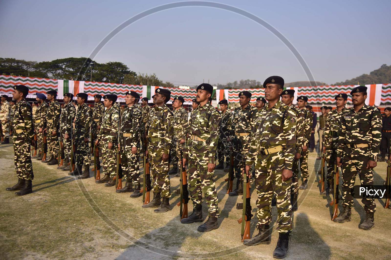 Paramilitary force personnel take part in a full dress rehearsal ahead of events to mark India's Republic Day in Guwahati