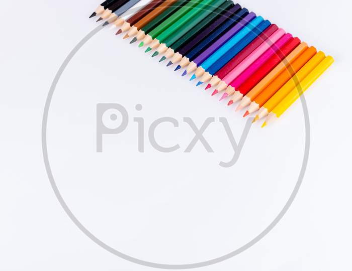 Color Pencils Isolated On White Background.Close Up. Copy Space
