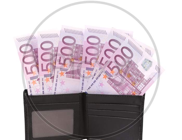 Wallet With Five Hundreds Euro Banknotes. Isolated On A White Background.