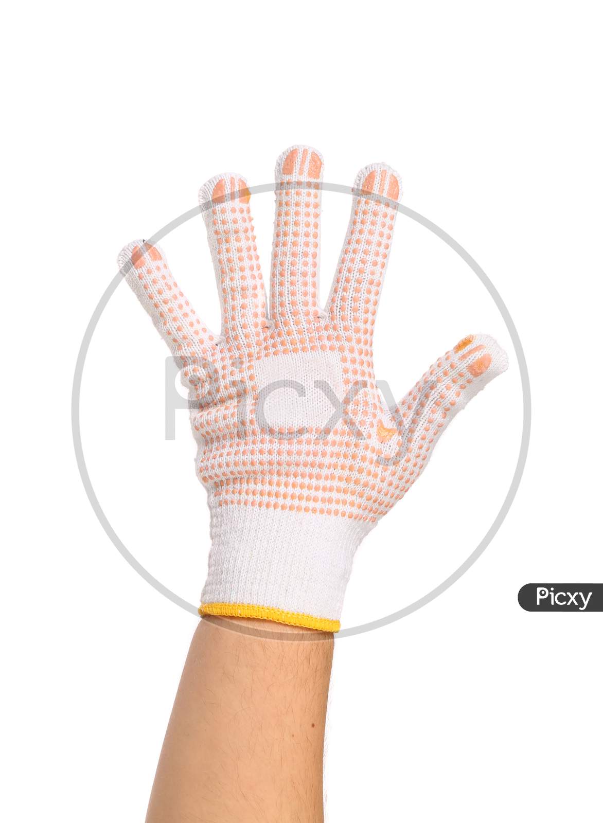 Hand In Glove Counts Five. Isolated On A White Background.