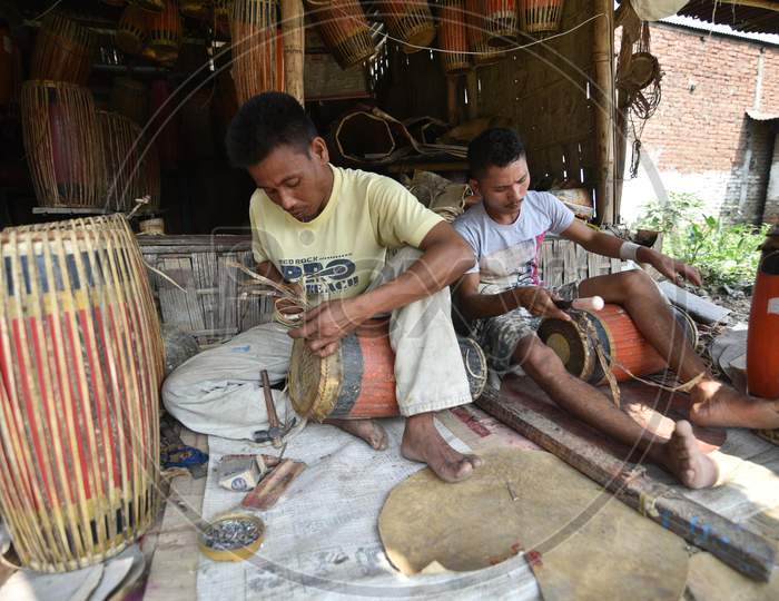 Artist making 'Dhol' - traditional Assamese drum ahead of Rongali Bihu festival at Barapujia village in the Morigaon