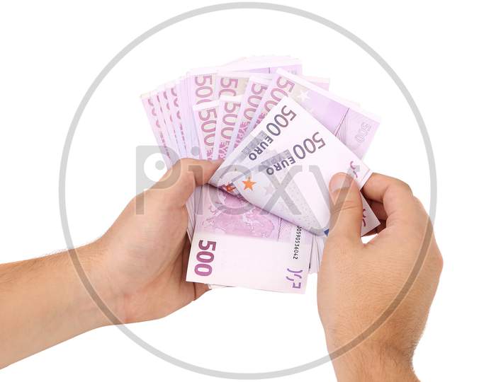 Euro Bills In Hands As Fan. Isolated On A White Background.