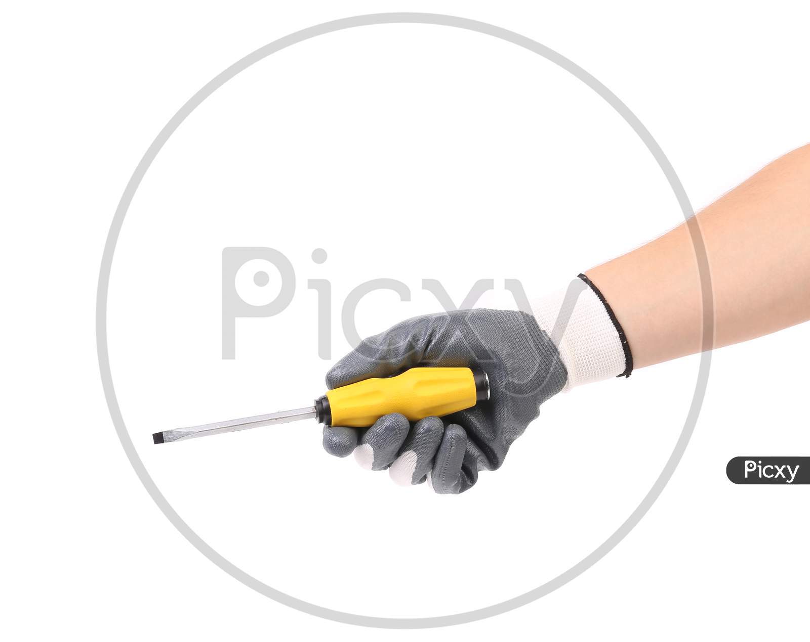 Hand In Glove Holding Screwdriver. Isolated On A White Background