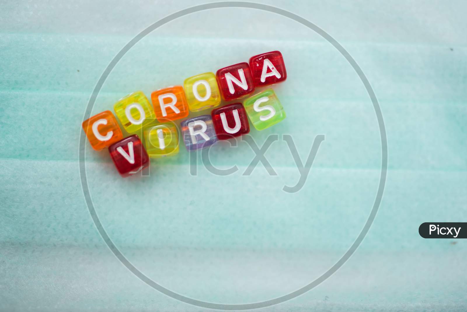 Colorful Word Corona Virus English Alphabet Cube On Face Mask, Selective Focus