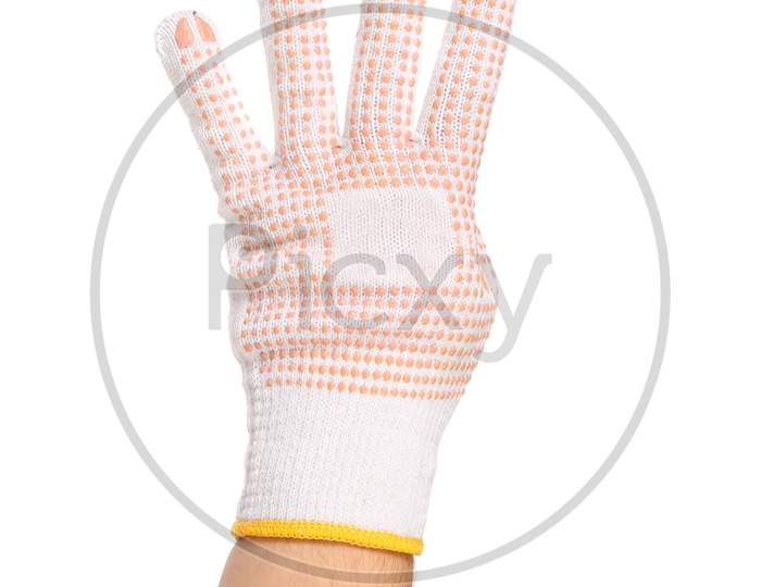 Hand In Glove Counts Four. Isolated On A White Background.