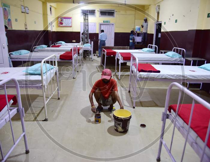 Workers Work On A Construction Of A Isolation Ward  At Civil Hospital  During A Government-Imposed Nationwide Lockdown As A Preventive Measure Against The Covid-19 Coronavirus In Nagaon District Of Assam On March 30,2020.