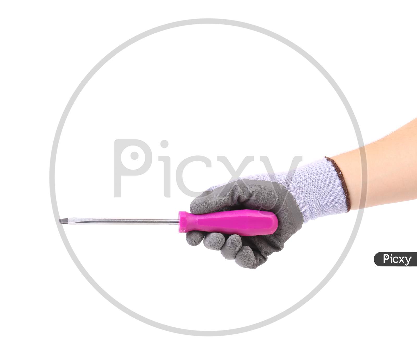 Hand In Gloves Holding Screwdriver. Isolated On A White Background.