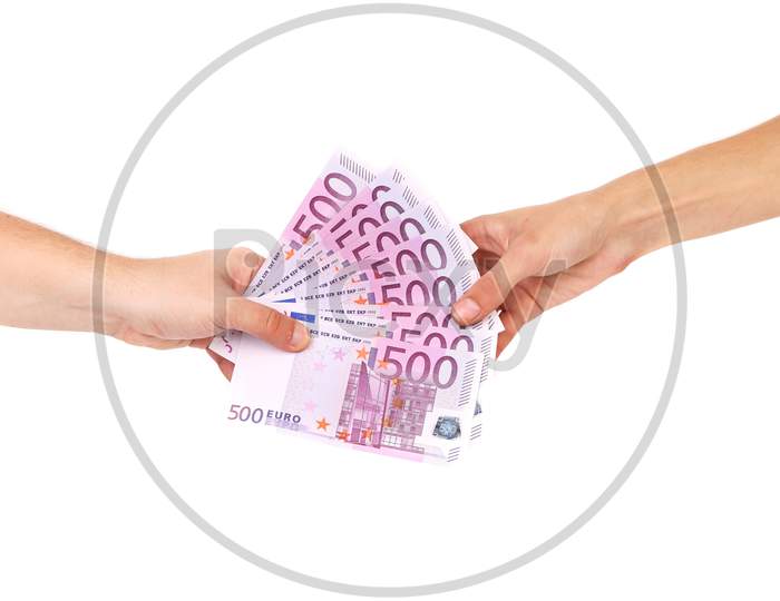 Hand Holding Five Hundreds Euro Banknotes. Isolated On A White Background.