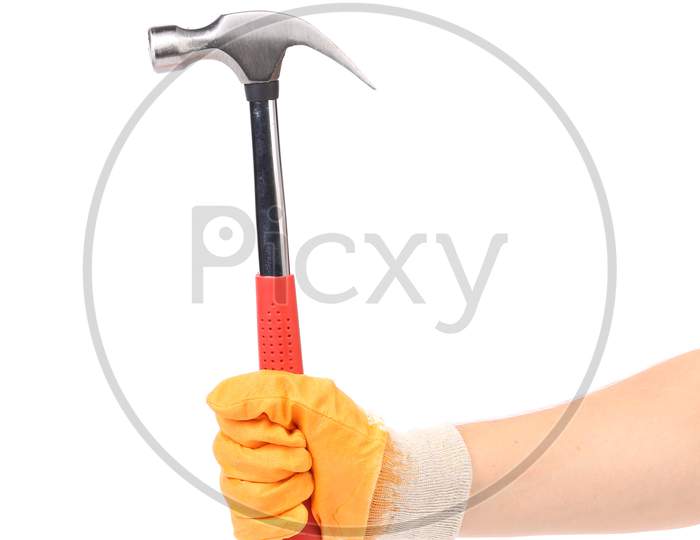 Hand Holding Hammer. Isolated On A White Background.