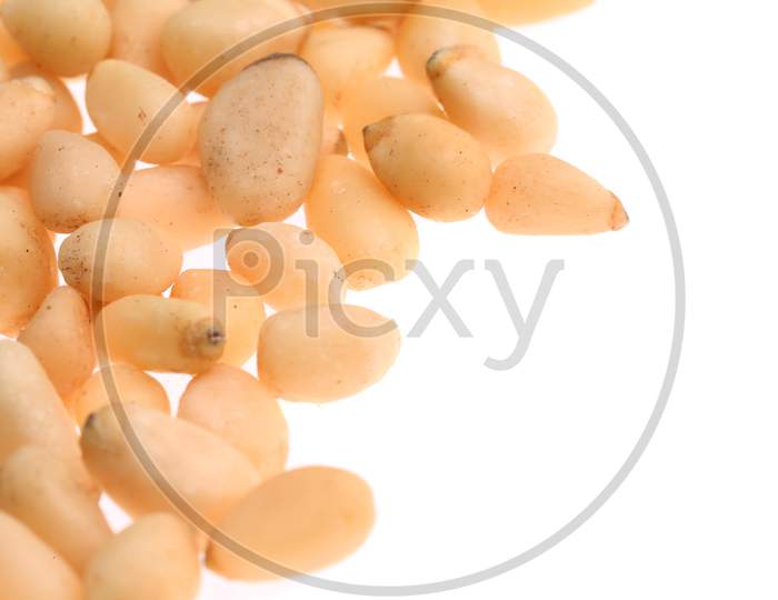 Pile Of Pine Nuts. Close Up. Whole Background. Place For Text.
