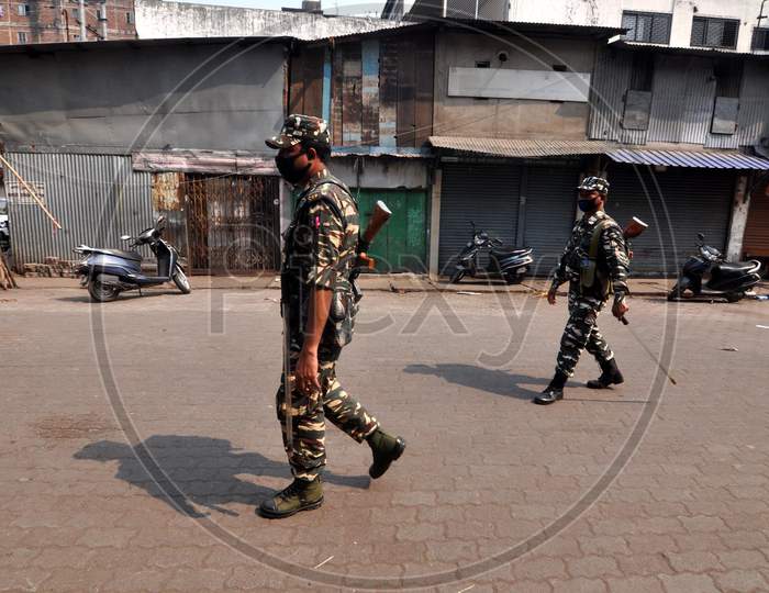 Crpf Personal Patrolling On A Road During A Government-Imposed Nationwide Lockdown As A Preventive Measure Against The Covid-19 Coronavirus In Guwahati On March 31,2020.