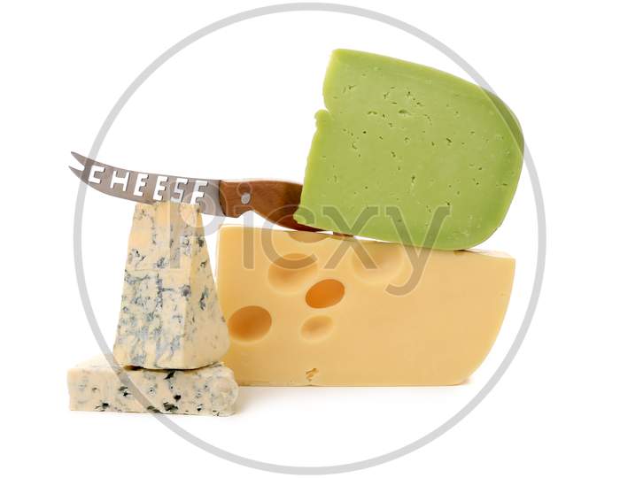 Various Delicious Cheese Types With Knife. Isolated On A White Background.