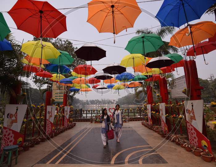 Street With Colourful Umbrellas At Digholipukhuri in Guwahati