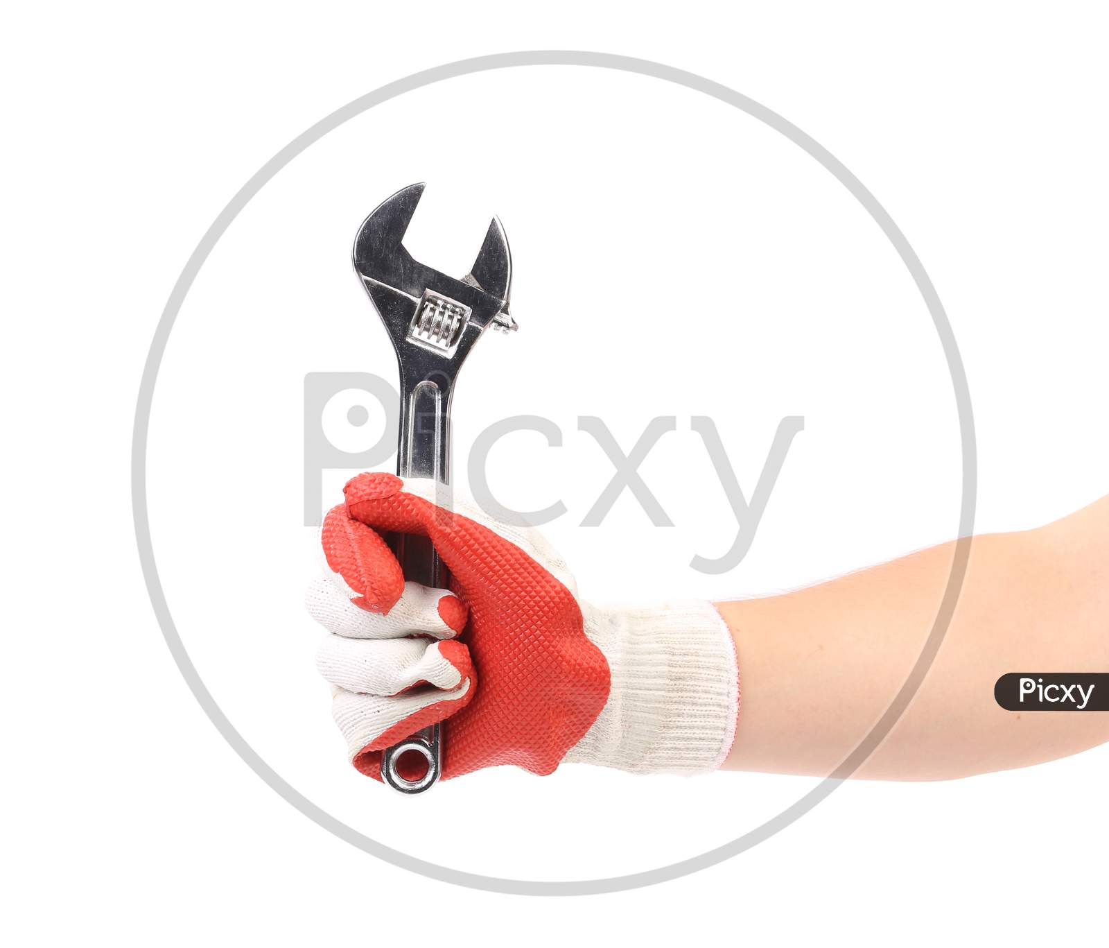 Hand In Gloves Holding Wrench. Isolated On A White Background.